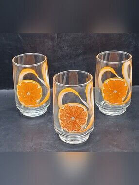 Vintage Set Of 3 Dominion Glass Orange Juice Tumblers Retro Citrus Glasses
